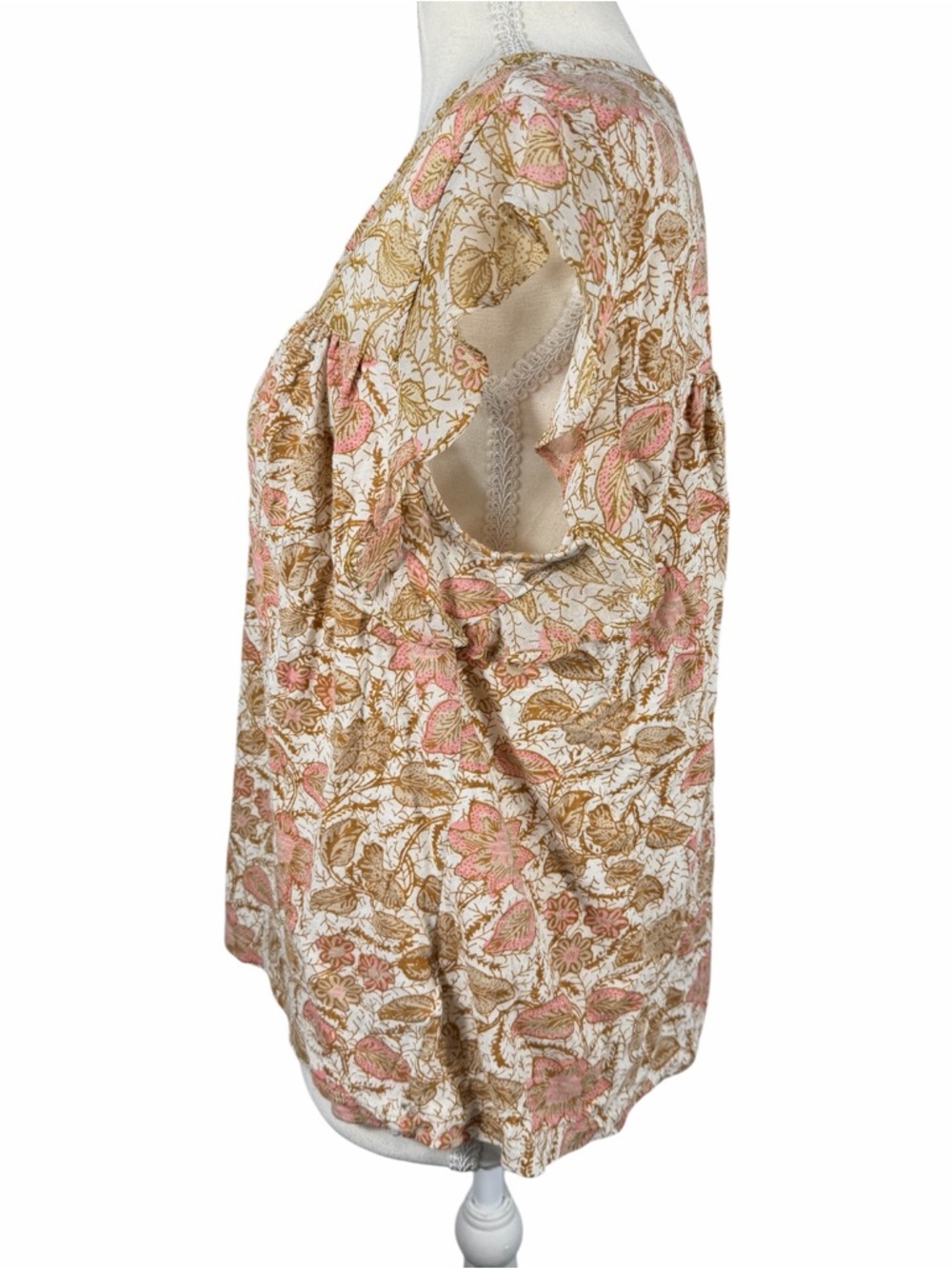 Lucky Brand Floral Top Womens Large Pink Tan Flutter Sleeve V Neck Boho - Picture 10 of 12